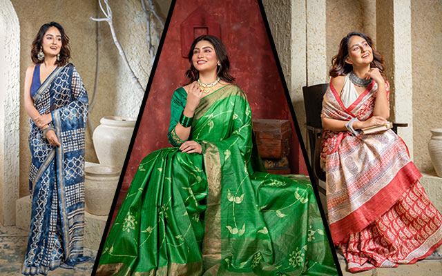 Women wearing traditional handloom sarees in blue, green, white, and red designs