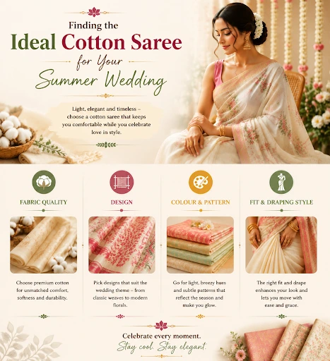 Guide to choosing the ideal cotton saree for a summer wedding with fabric, design, colour and draping tips