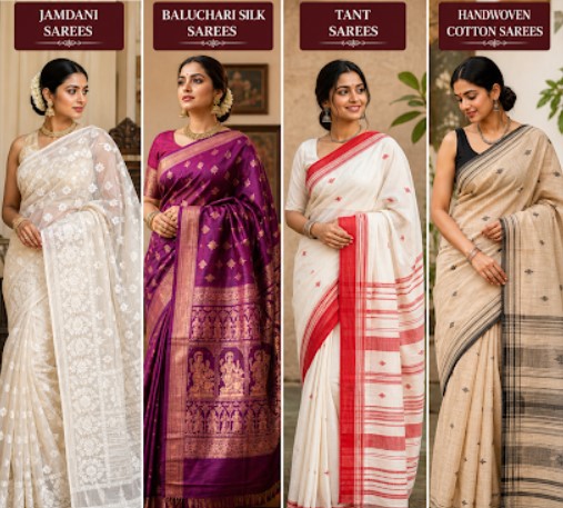 Different types of authentic Indian sarees including Jamdani, Baluchari silk, Tant, and handwoven cotton sarees