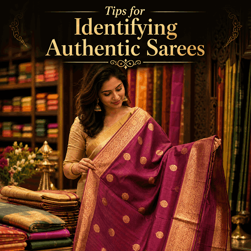 Woman showcasing a purple silk saree with tips for identifying authentic sarees