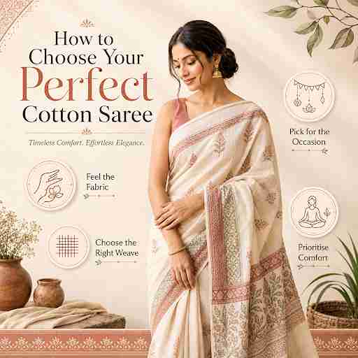 Guide on how to choose the perfect cotton saree featuring a woman in an elegant cotton saree with tips on fabric, weave, occasion, and comfort