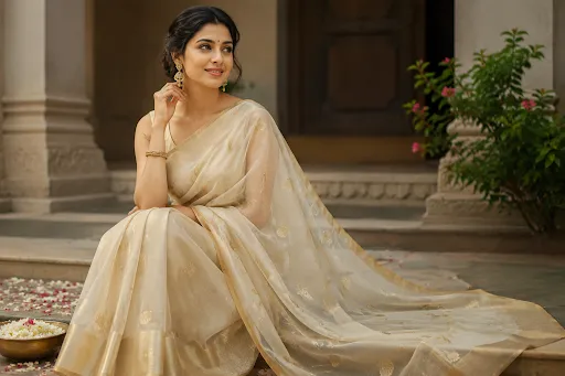 Woman wearing a graceful cream Chanderi saree with golden motifs in a traditional Indian festive setting