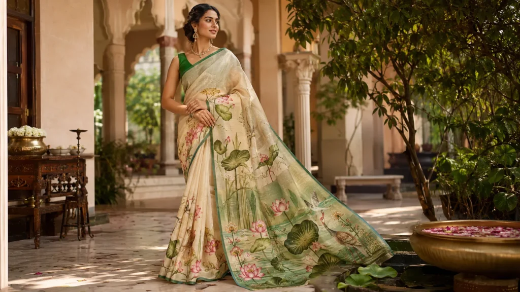 Indian woman wearing a cream floral saree with lotus and bird motifs