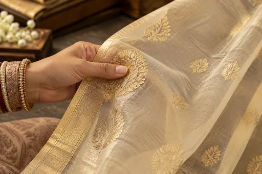 Close-up view of elegant Chanderi saree fabric with golden zari embroidery showcasing traditional Indian craftsmanship