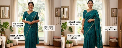 Comparison of high-waist and natural-waist saree draping styles with different pleat placements and pallu arrangements