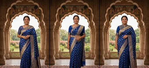 Indian woman wearing a blue saree in multiple traditional draping styles with an elegant heritage background