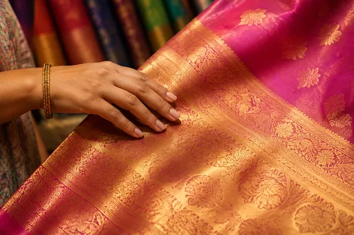 Close-up view of a hand touching a luxurious pink and gold Banarasi silk saree highlighting intricate zari work and fabric texture