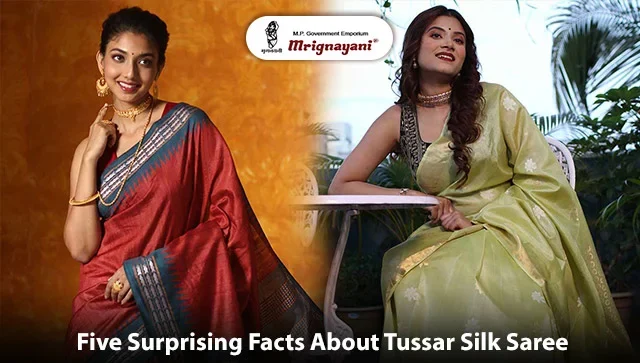 Two Indian women wearing elegant red and light green Tussar silk sarees, showcasing traditional silk craftsmanship and ethnic fashion from Mrignayani Kolkata.