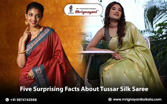 Two Indian women wearing elegant red and light green Tussar silk sarees, showcasing traditional silk craftsmanship and ethnic fashion from Mrignayani Kolkata.