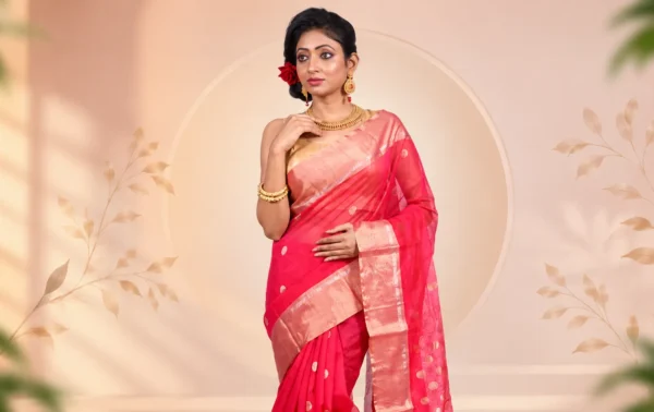 Indian woman wearing a vibrant pink silk saree with a golden zari border, styled with traditional gold jewellery for a festive ethnic look.