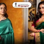 Two Indian women modelling elegant green silk sarees with traditional jewellery, highlighting different types of silk sarees for weddings, festivals and special occasions.