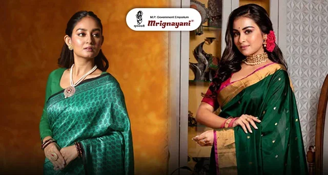 Two Indian women modelling elegant green silk sarees with traditional jewellery, highlighting different types of silk sarees for weddings, festivals and special occasions.