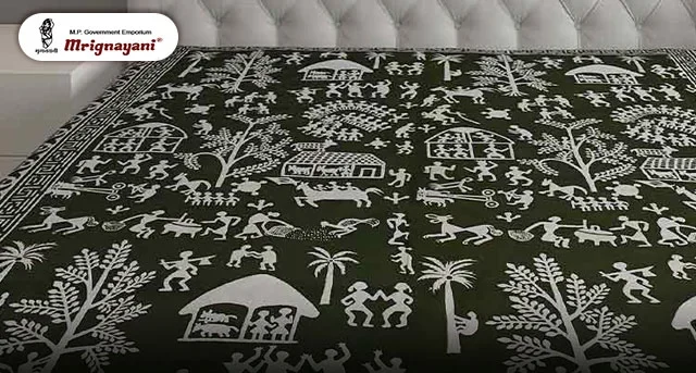 Hand block printing inspired fabric with intricate tribal illustrations and traditional village motifs, highlighting India's rich textile design heritage.