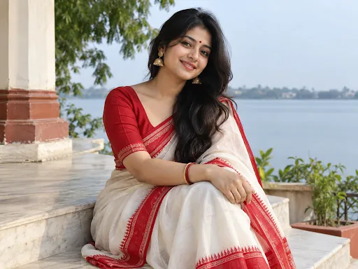 Smiling Bengali woman wearing a traditional red and white saree with matching red blouse, sitting outdoors beside a scenic riverside.