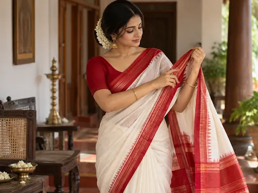 Smiling Bengali woman wearing a traditional red and white saree with matching red blouse, sitting outdoors beside a scenic riverside.