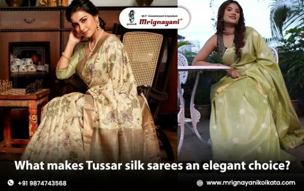 Beautiful women showcasing luxurious Tussar silk sarees in beige floral and pastel green designs, featuring elegant drapes and traditional Indian ethnic fashion by Mrignayani Kolkata.