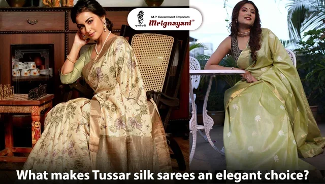 Beautiful women showcasing luxurious Tussar silk sarees in beige floral and pastel green designs, featuring elegant drapes and traditional Indian ethnic fashion by Mrignayani Kolkata.
