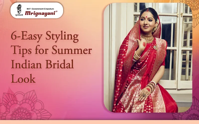 Indian bride wearing a traditional red Banarasi saree with intricate gold zari work and bridal jewellery, featured in Mrignayani Kolkata's guide to 6 easy summer bridal styling tips.