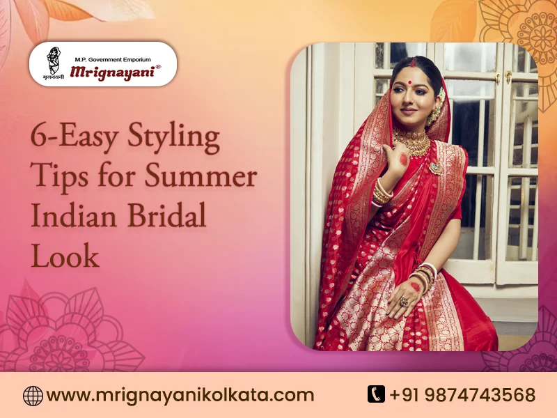 Indian bride wearing a traditional red Banarasi saree with intricate gold zari work and bridal jewellery, featured in Mrignayani Kolkata's guide to 6 easy summer bridal styling tips.
